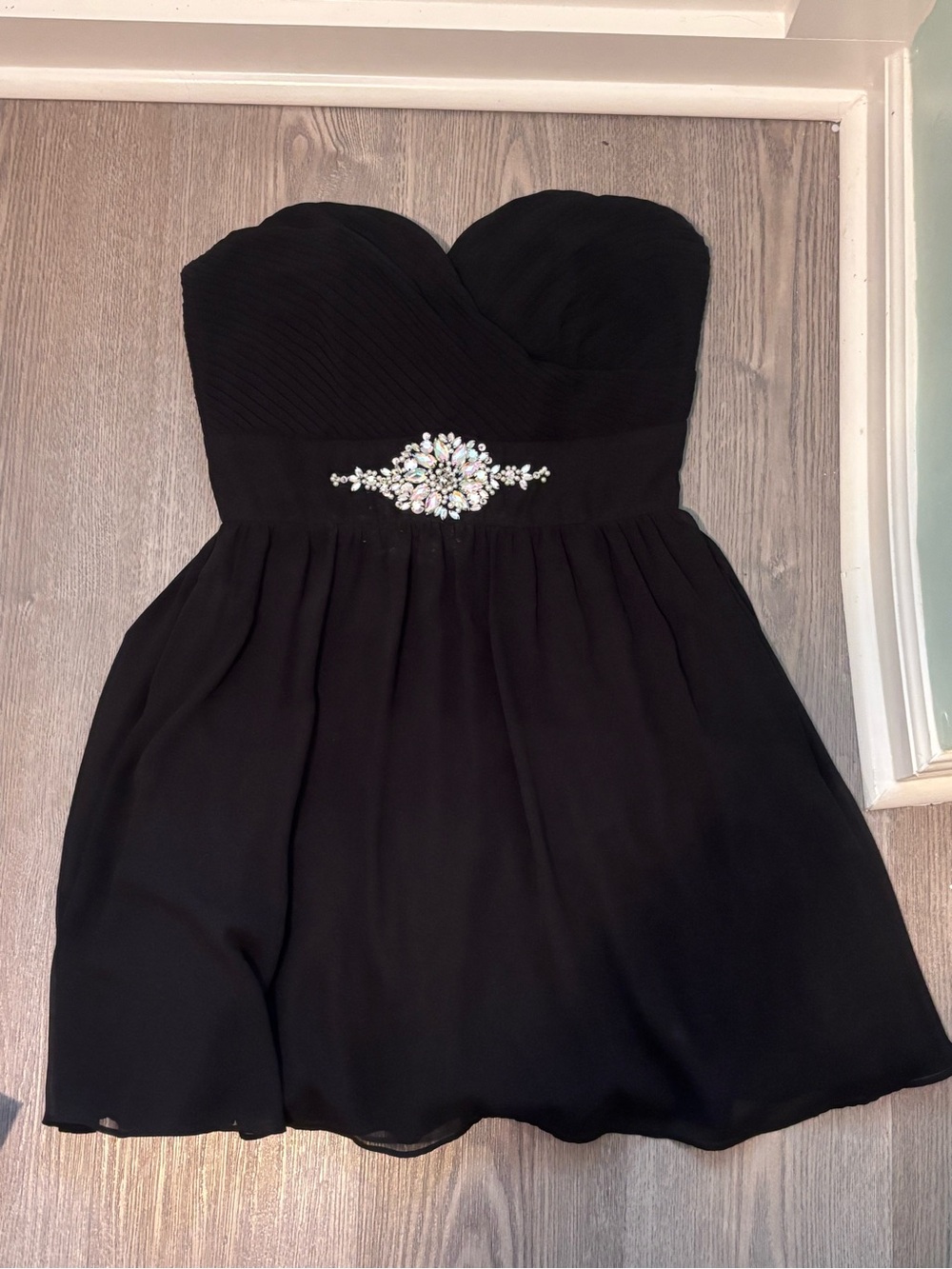 B Darlin Black Strapless Cocktail Dress with Jeweled Waist